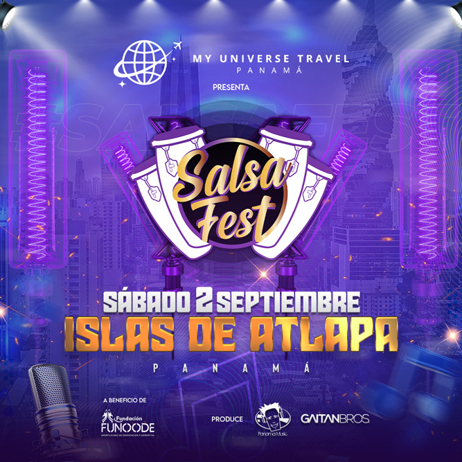 Foto promocional del evento SALSA FEST describiendo los participantes y fechas del evento.